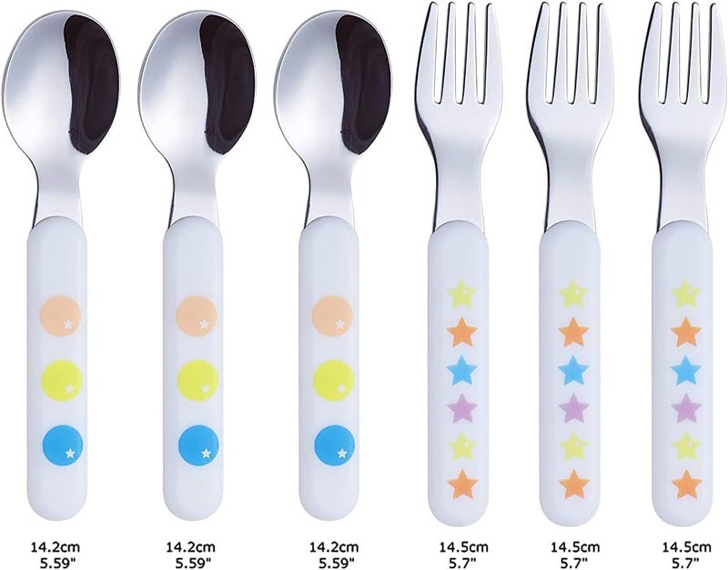 Exzact Kids Flatware 6pcs Stainless Steel 18/10 Toddler Utensils Flatware- 3 x Forks, 3 x Spoons- BPA Free, Dishwasher Safe - 12 M+ - Stars & Dots - Image 2